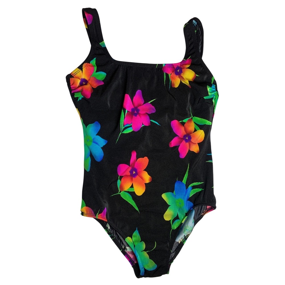 Robby Len Womens Neon Floral One Piece Swimsuit Black Criss Cross Back Retro